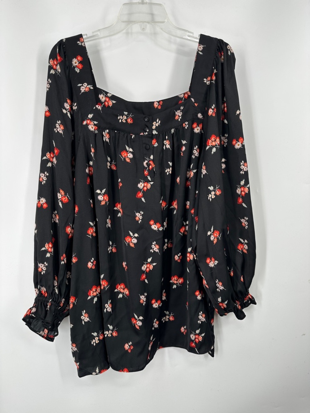Black Floral Square Neck Dress with Red & Cream Blooms